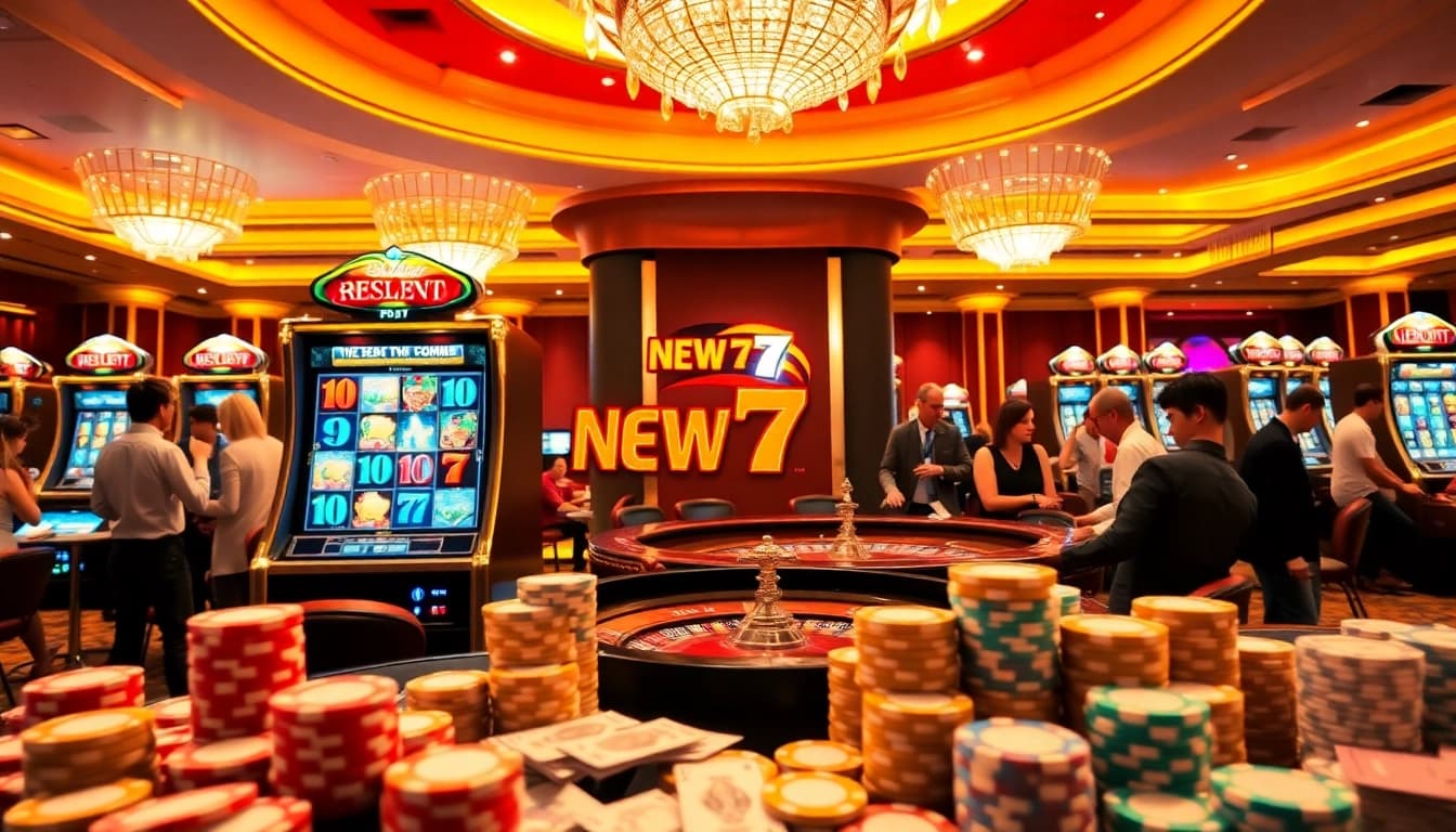 Enjoying a gaming session on new77 slots in a vibrant casino atmosphere filled with excitement and luxury.
