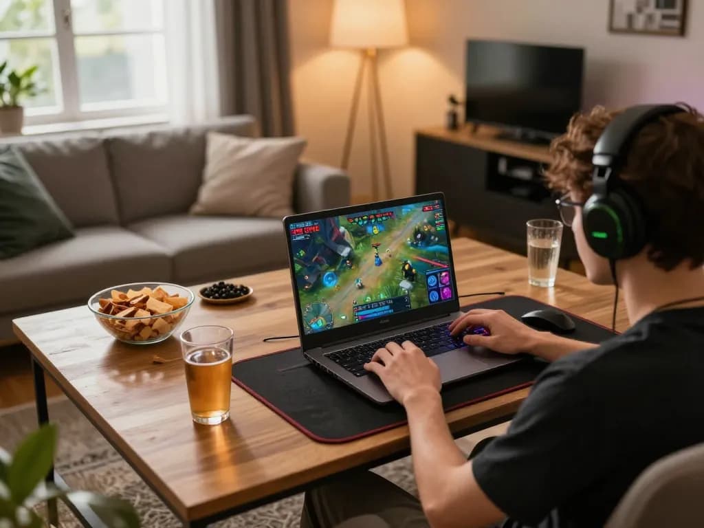 Engaged user playing atq com online casino game on laptop showcasing vibrant graphics and cozy atmosphere.