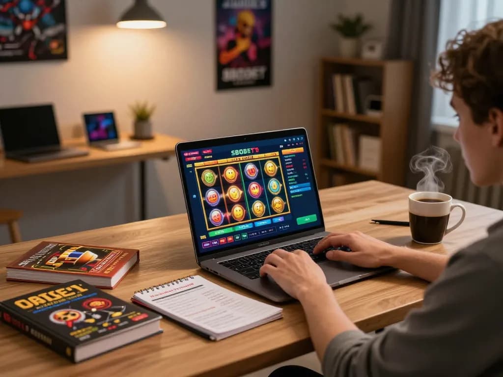 SBOBET gaming experience showing a player engaged in online betting during a cozy home evening setup, complete with strategy notes and warm lighting.