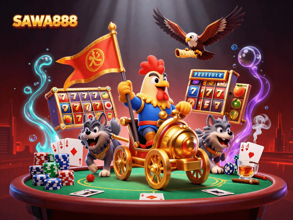 Experience thrilling gaming action with SAWA888's vibrant slot adventure featuring dynamic characters and rich casino elements.
