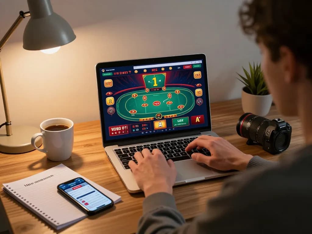 Player engaging with เว็บตรงสล็อต at home, using laptop for live casino gaming and strategic play.