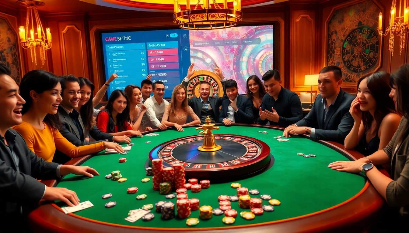 Des joueurs vivant une expérience de jeu passionnante dans un casino en ligne de luxe avec des jetons de poker et une roulette.