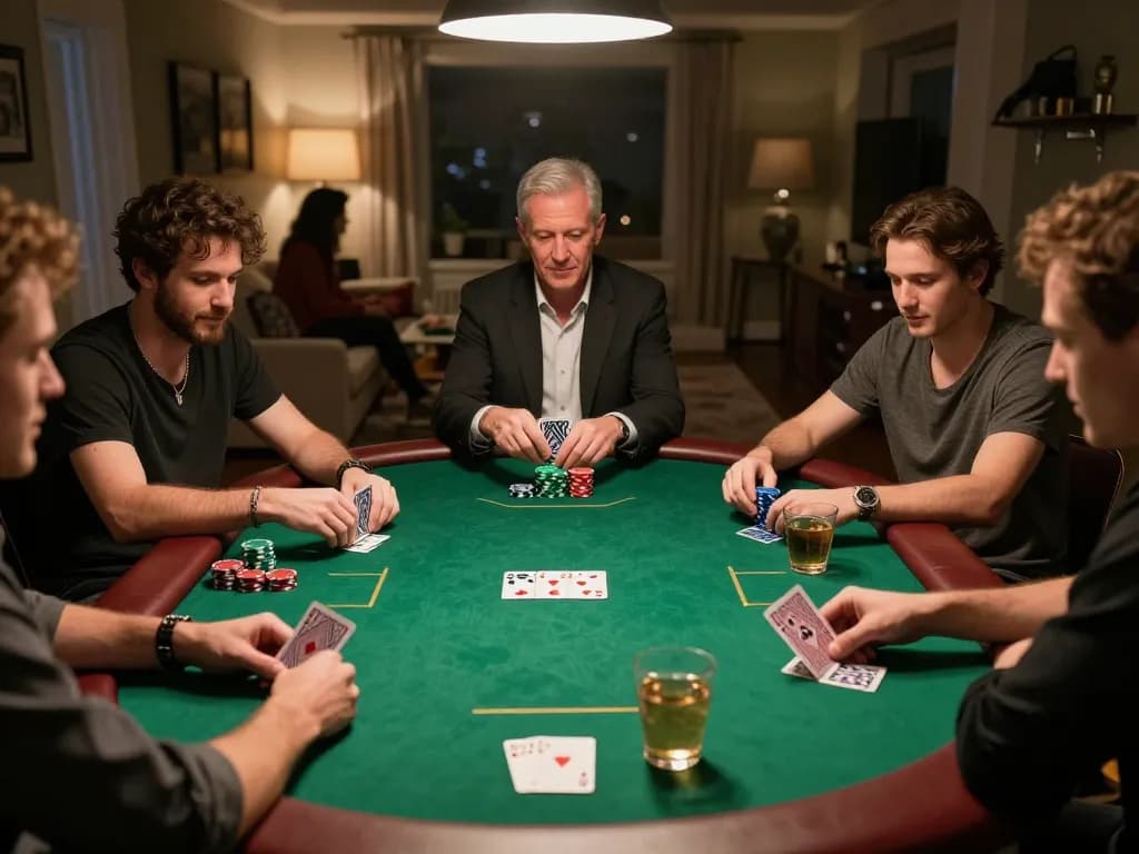 The thabet poker game night showcases players engaged in strategic discussions while placing bets, with colorful chips and drinks enhancing the intimate atmosphere.