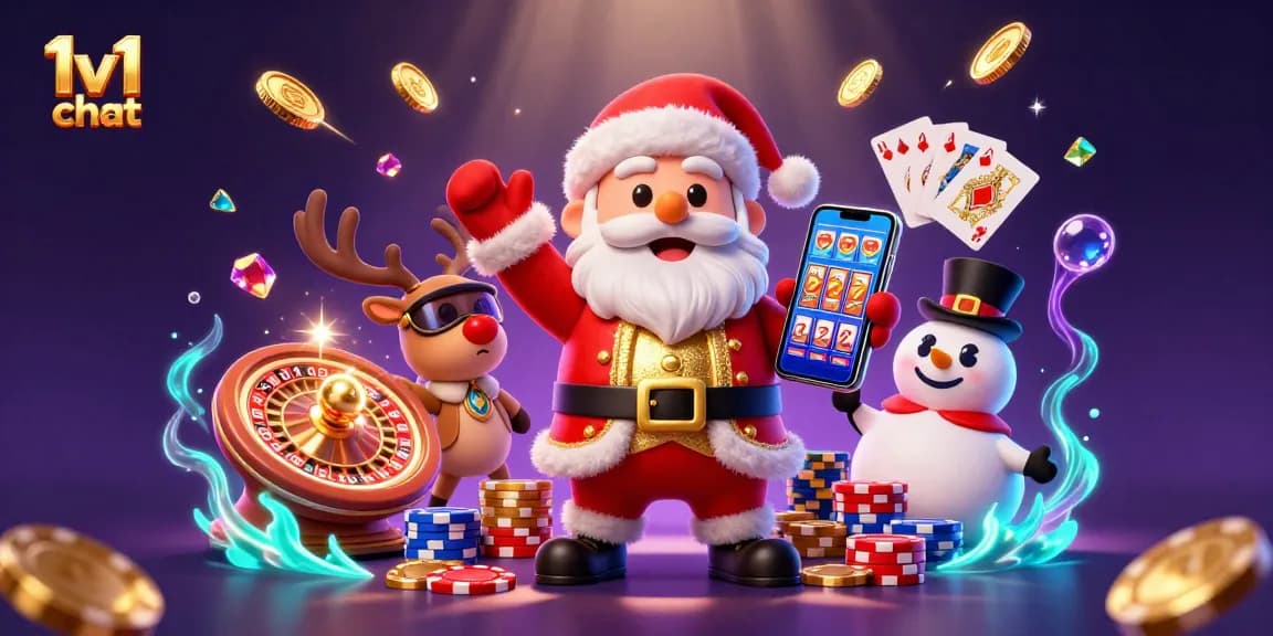 Engage in exhilarating 1v1 chat while enjoying a vibrant casino scene filled with festive characters.