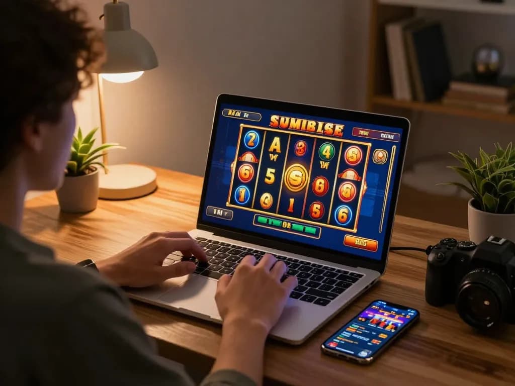 Engaging online gameplay at a situs slot gacor with vibrant slot reels and a cozy gaming setup