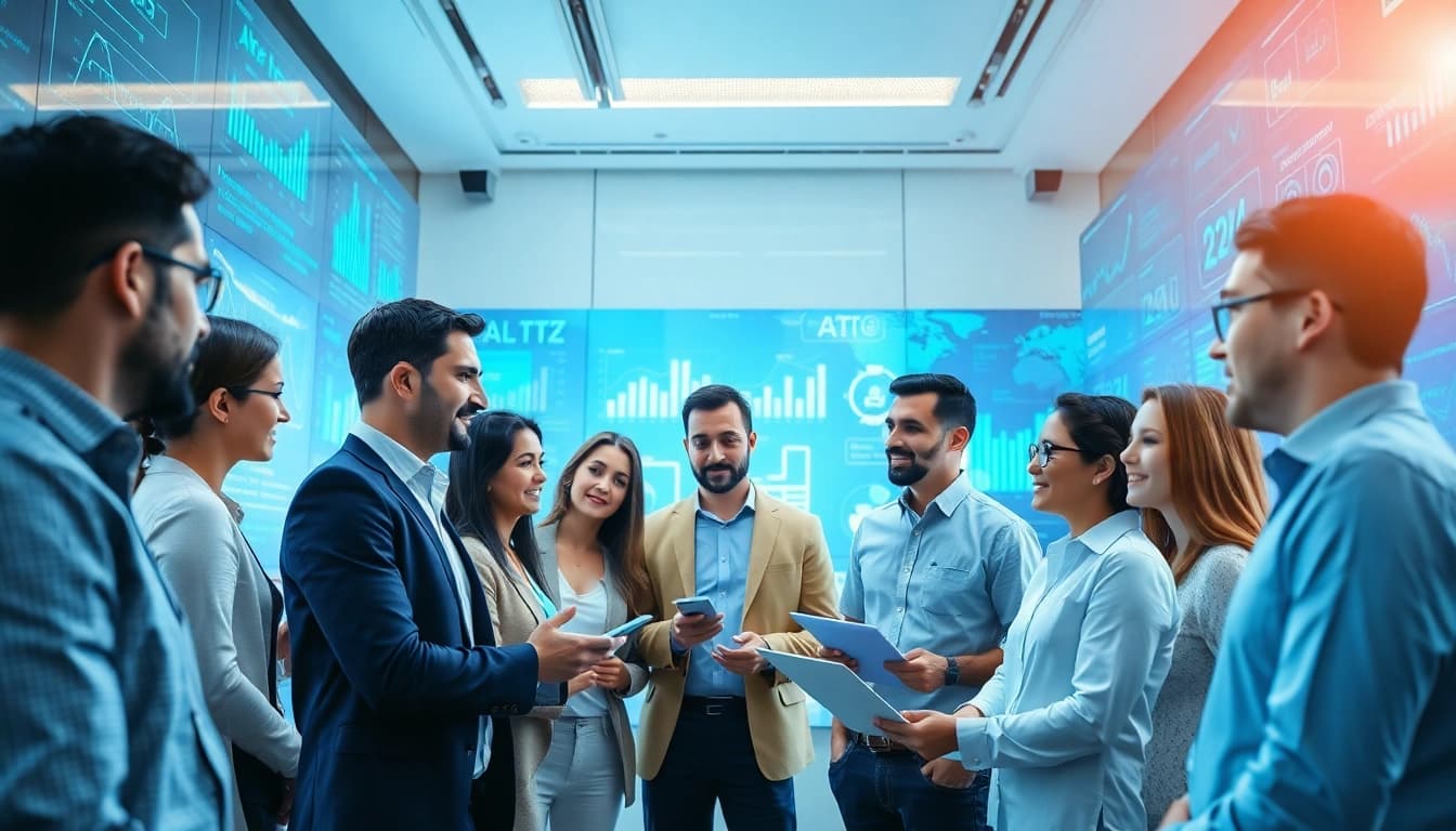 AI integration service provider team collaborating with advanced technology in a modern workspace.