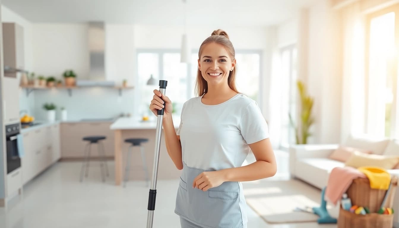 Showcase a professional cleaning service ensuring a spotless home environment.
