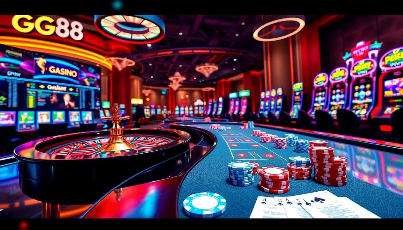 Experience intense gambling fun with GG88 at a modern casino table filled with chips and cards.