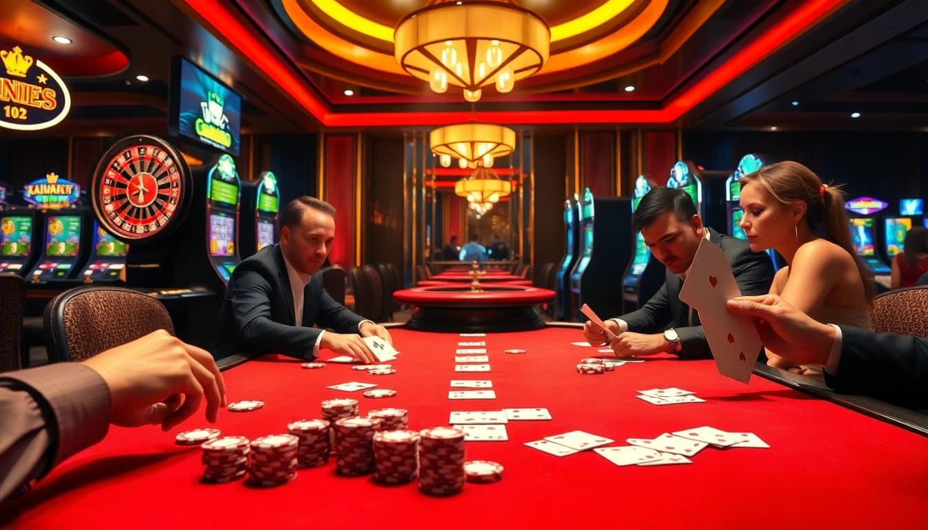 Experience high-stakes gaming at Luckywin's luxurious casino with vibrant tables and thrilling action.