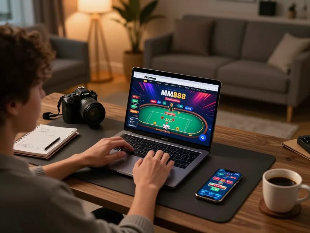 Engaging with the Website MM88 through a vibrant online poker game on a laptop from a cozy home office.
