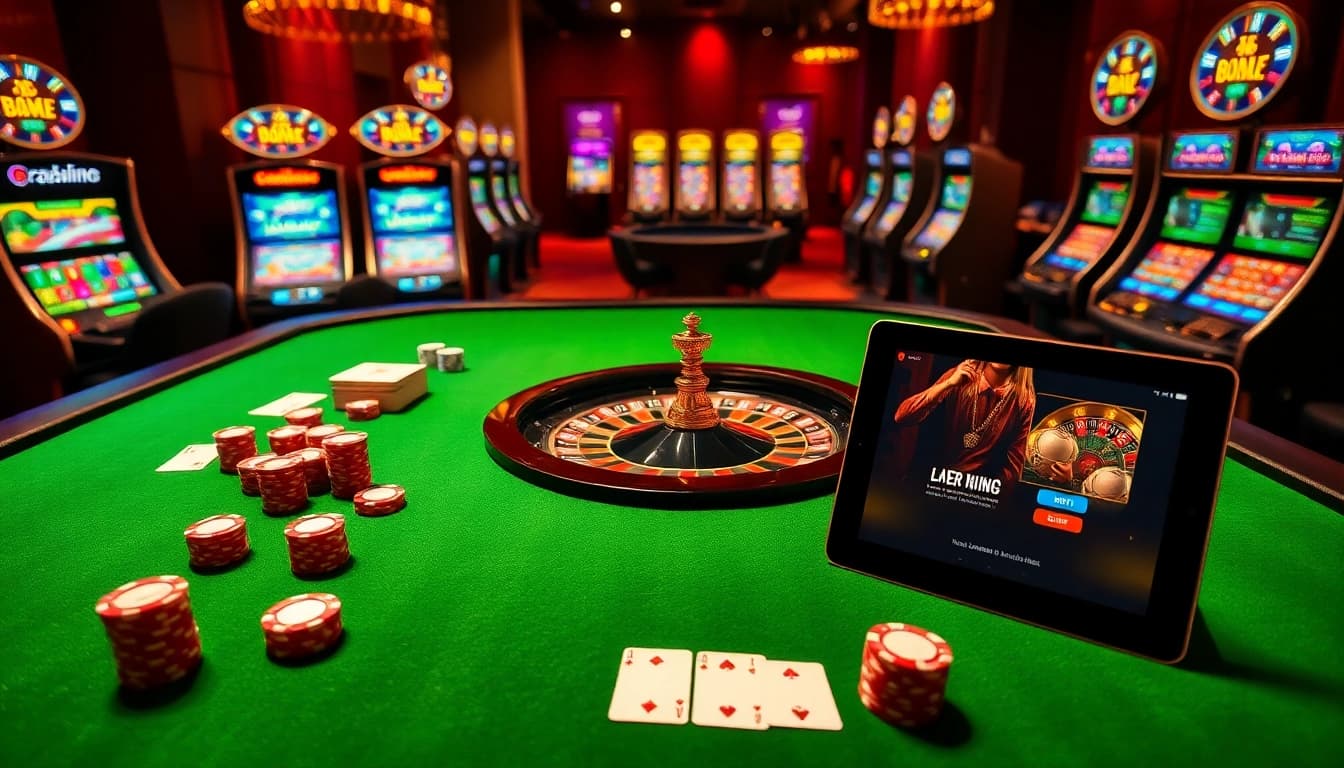 Excitation du casino en ligne à une table de poker élégante avec des éléments de jeu vibrants.