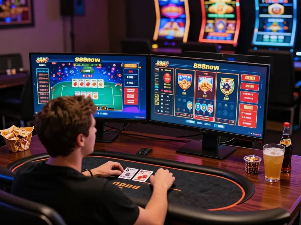 Player experiencing online excitement on 888now com with vibrant gaming screens.
