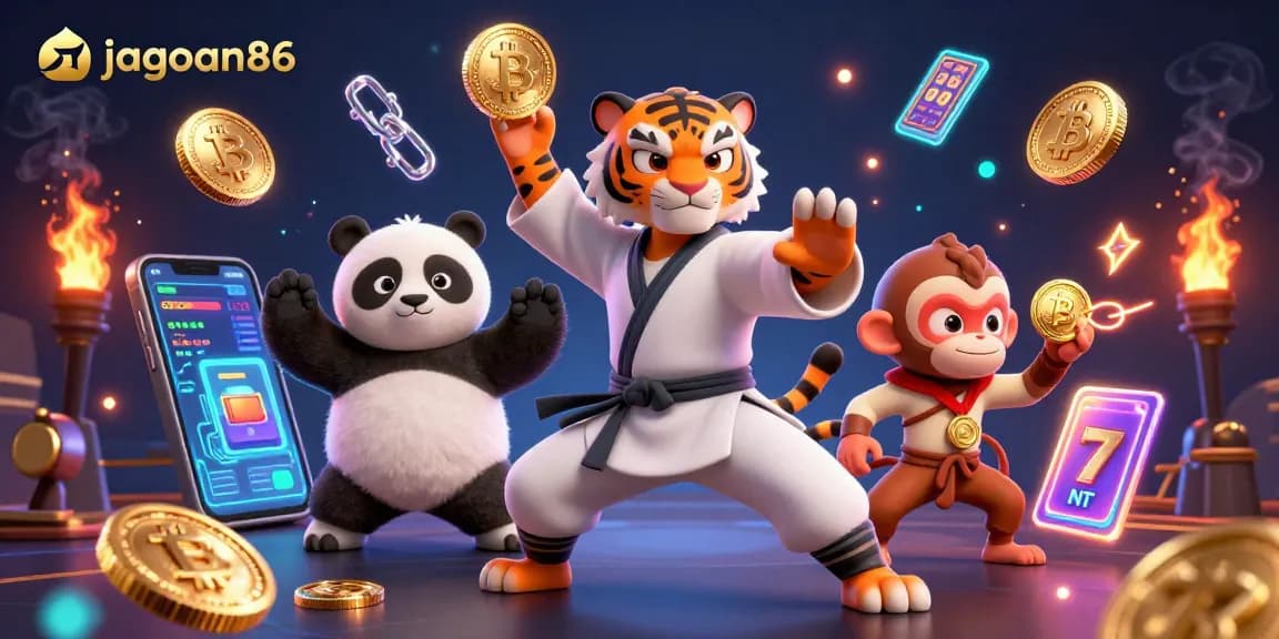 Experience the excitement of jagoan86 with a vivid illustration of a kung fu tiger, panda, and monkey in a vibrant casino environment.