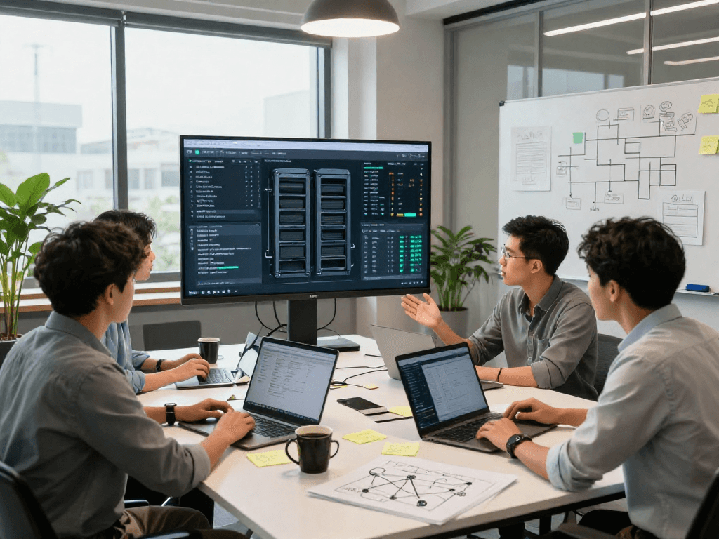 IT professionals collaborating on dedicated servers strategy with performance analytics displayed on digital screens.