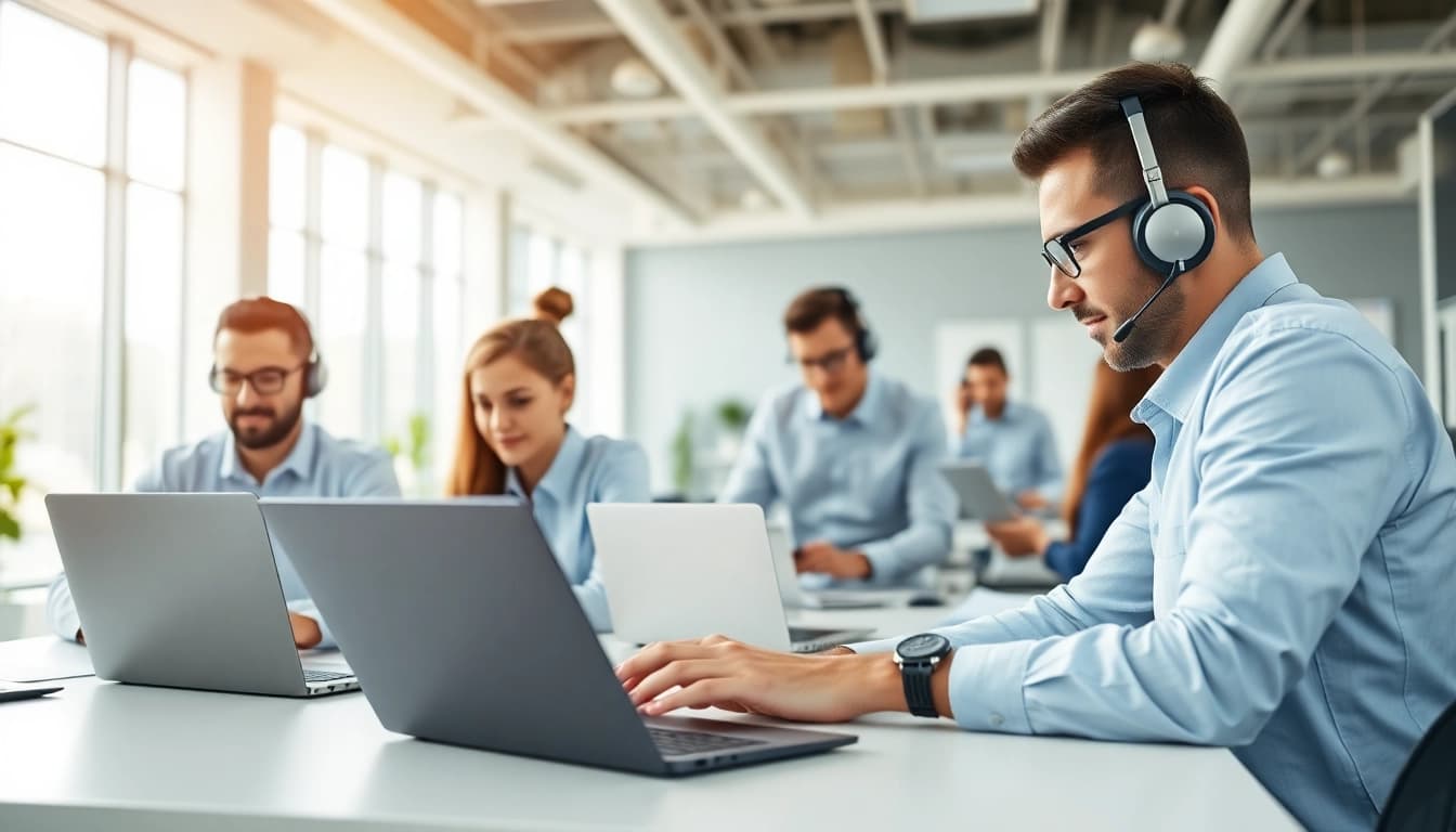 Enhance helpdesk support efficiency through teamwork in a modern office setup.