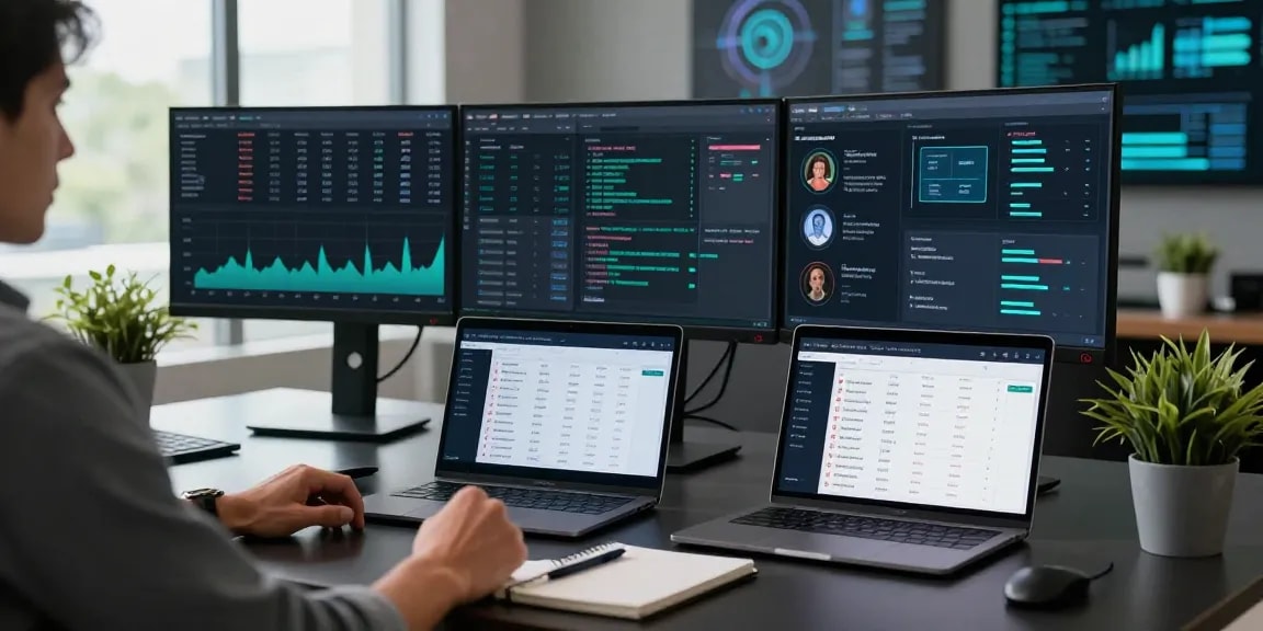 Darknet market analysis in a tech workspace with a cybersecurity expert reviewing verified darknet market links 2026 and security features.