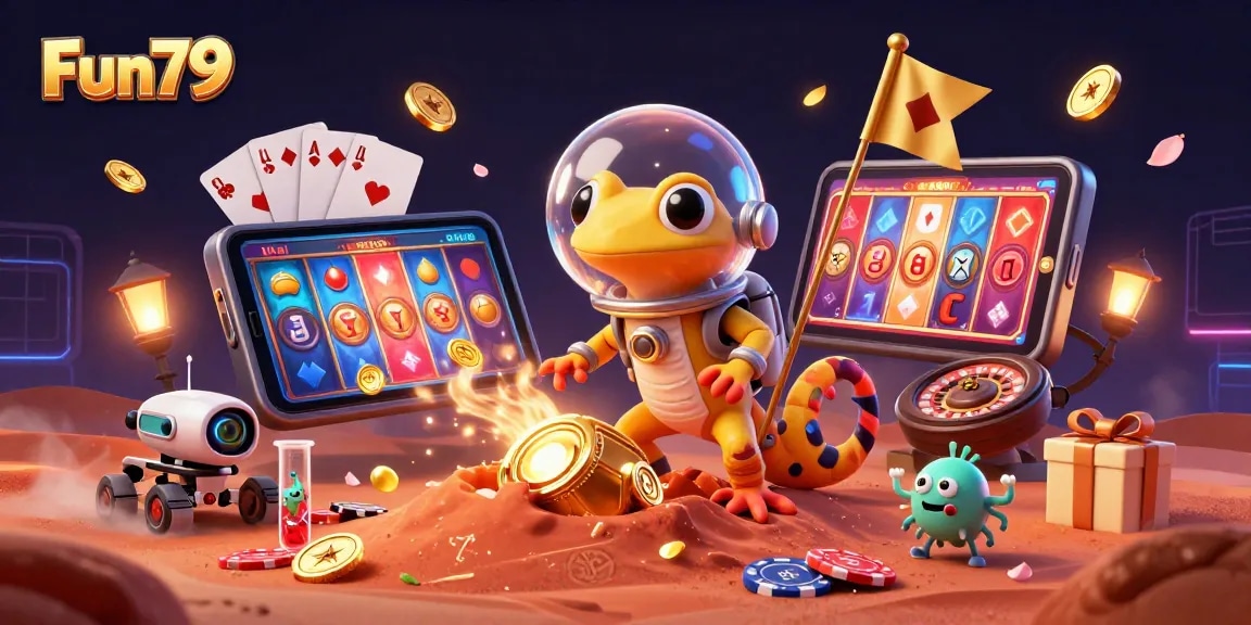 Engage with Fun79's exciting casino adventure featuring vibrant slot games and cheerful aliens!