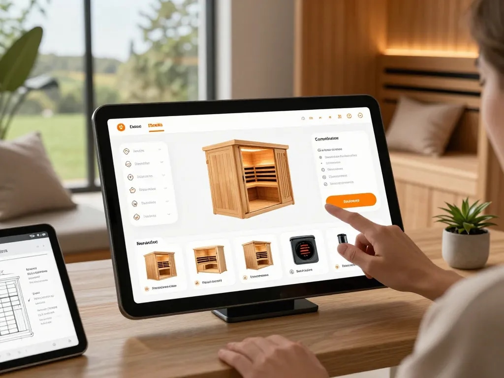 Sauna configurator interface being used to customize a sauna design with various options in a serene environment.