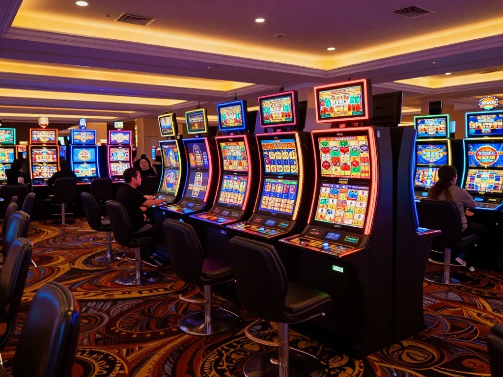 Players engaging with slot resmi machines in a vibrant casino atmosphere, showcasing excitement and strategic play.