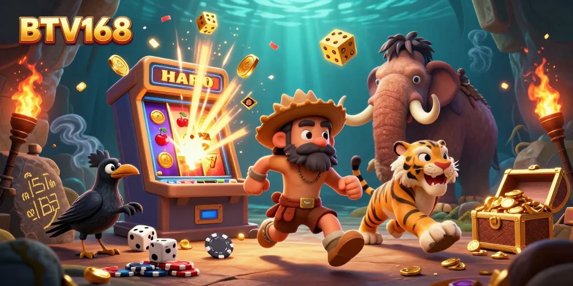 BTV168 showcases a captivating 3D scene with a caveman and sabertooth tiger running a prehistoric casino.