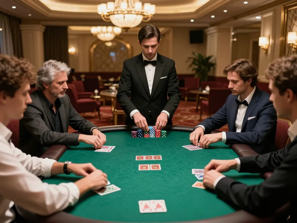 Players strategizing their bets at a DN88 poker table in a luxurious casino setting