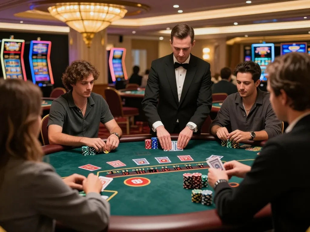 tr88 players placing bets at a vibrant blackjack table in an upscale casino