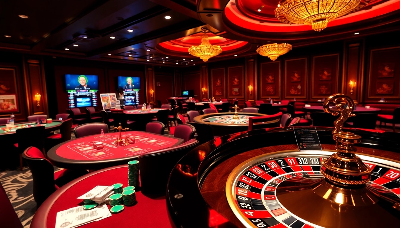 Intense gameplay at u8888 casino with vibrant poker chips, roulette wheel, and excited players.