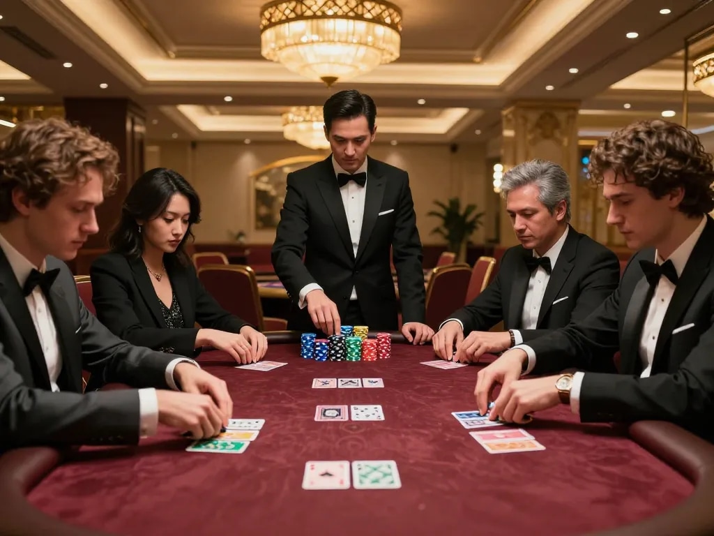 Players engage in an intense poker game at F8BET COM, showcasing strategy and excitement in a luxurious casino
