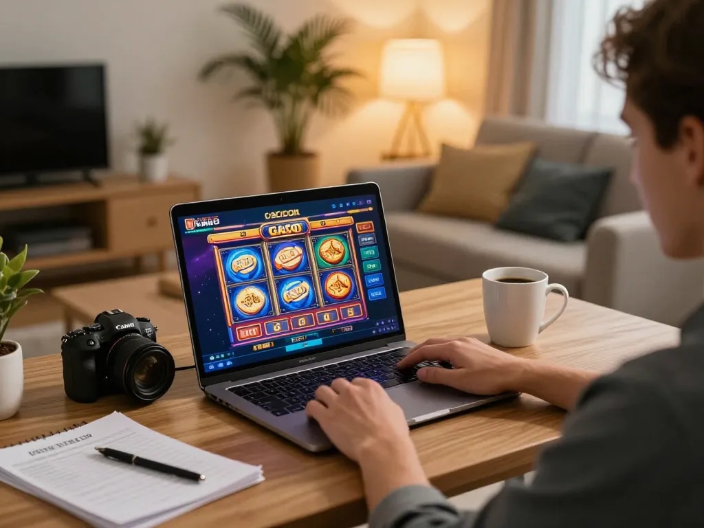 Engaging in slot gacor game on laptop, reflecting responsible online gambling environment at home