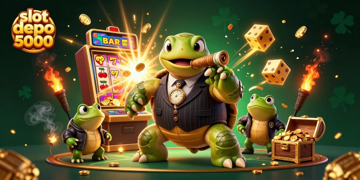 Play at slot depo 5000 with a dynamic illustration featuring a snapping turtle mobster and jackpot excitement.