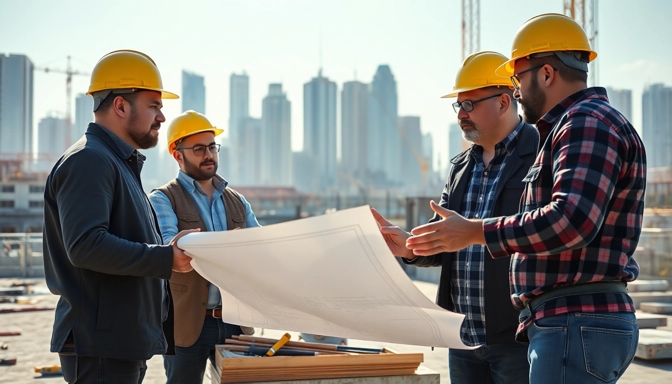 Construction association members collaborating on a project site with blueprints and tools.