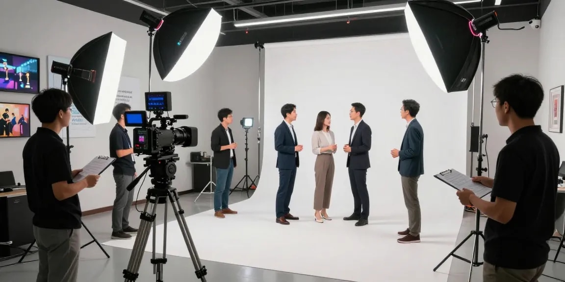 Corporate Video Production scene featuring a diverse team collaboratively filming in a well-lit studio environment with professional equipment.