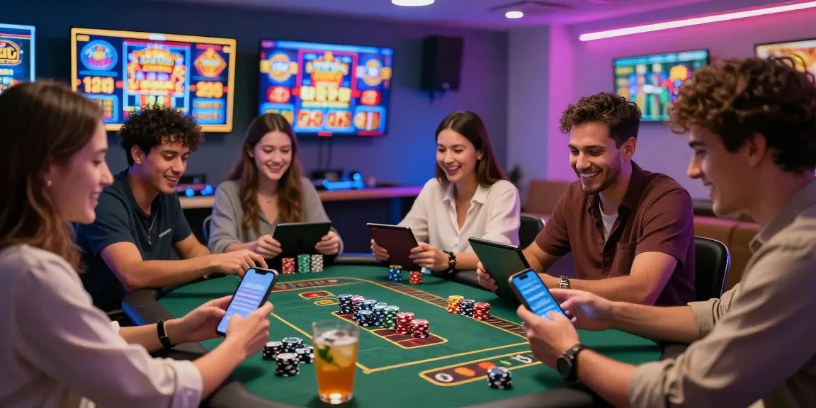 Exciting gaming session at credit card casinos for UK players, friends enjoying vibrant virtual gameplay with colorful visuals.