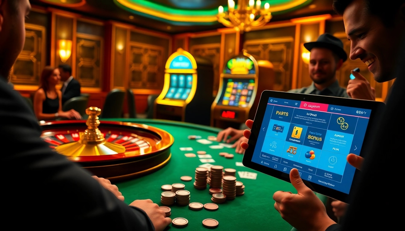 Sunwin players enjoying an exciting game at a luxurious casino table with vibrant lights.