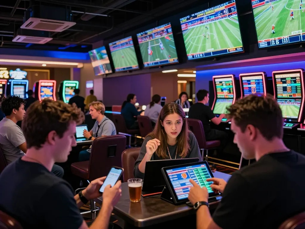 Excited bettors reviewing odds at 88i sports betting area in a lively casino