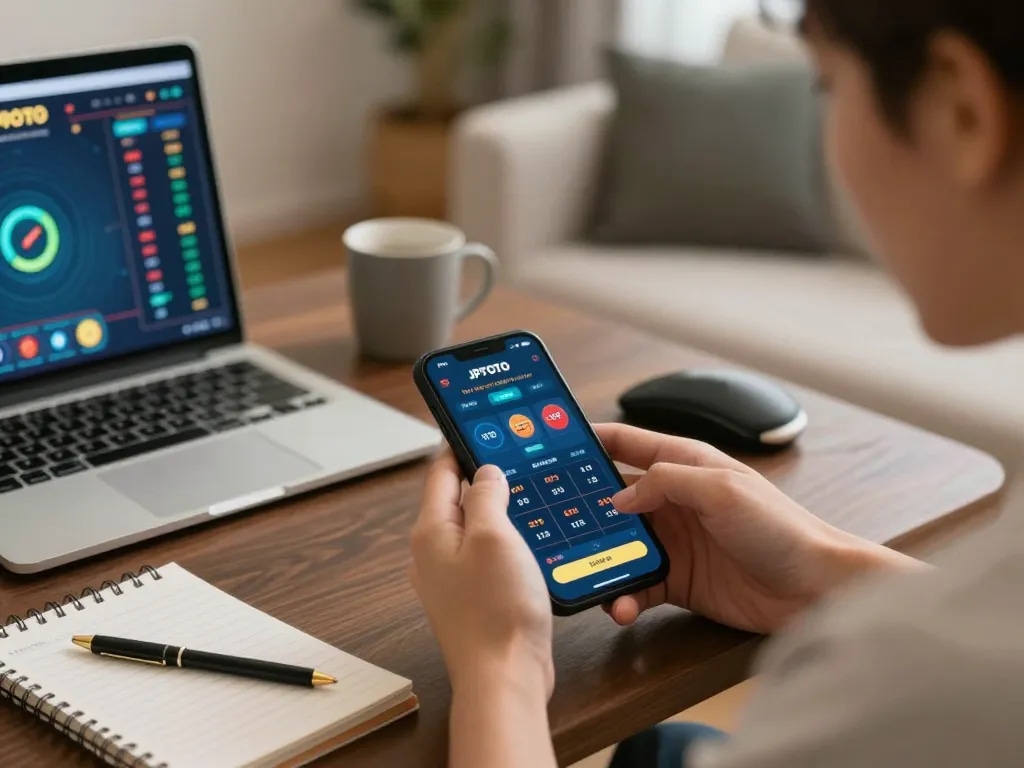 Person using JPTOTO app for online gambling, showcasing strategic betting and a cozy gaming setup