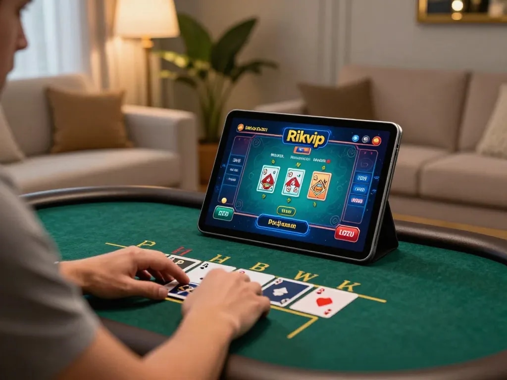 Engaged player enjoying Blackjack Rikvip on tablet in a stylish home setup