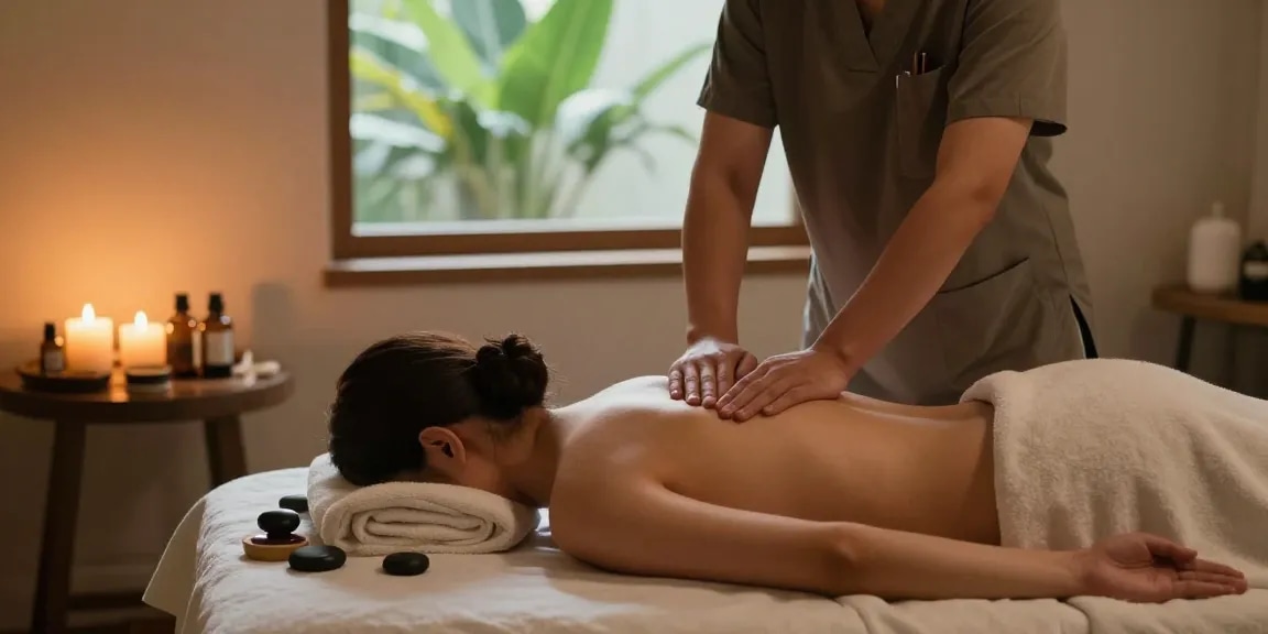마사지 치료 중인 스웨디시 마사지 장면, 따뜻한 조명과 아로마 오일 사용