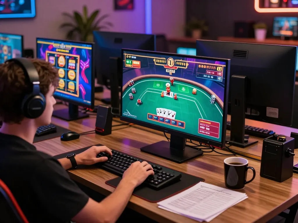 Engaging online gaming scene featuring dn88 interface on multiple screens with poker and slot games.