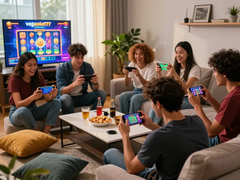 Friends enjoying gaming on vegasslot77.com with vibrant atmosphere and engaging mobile devices.