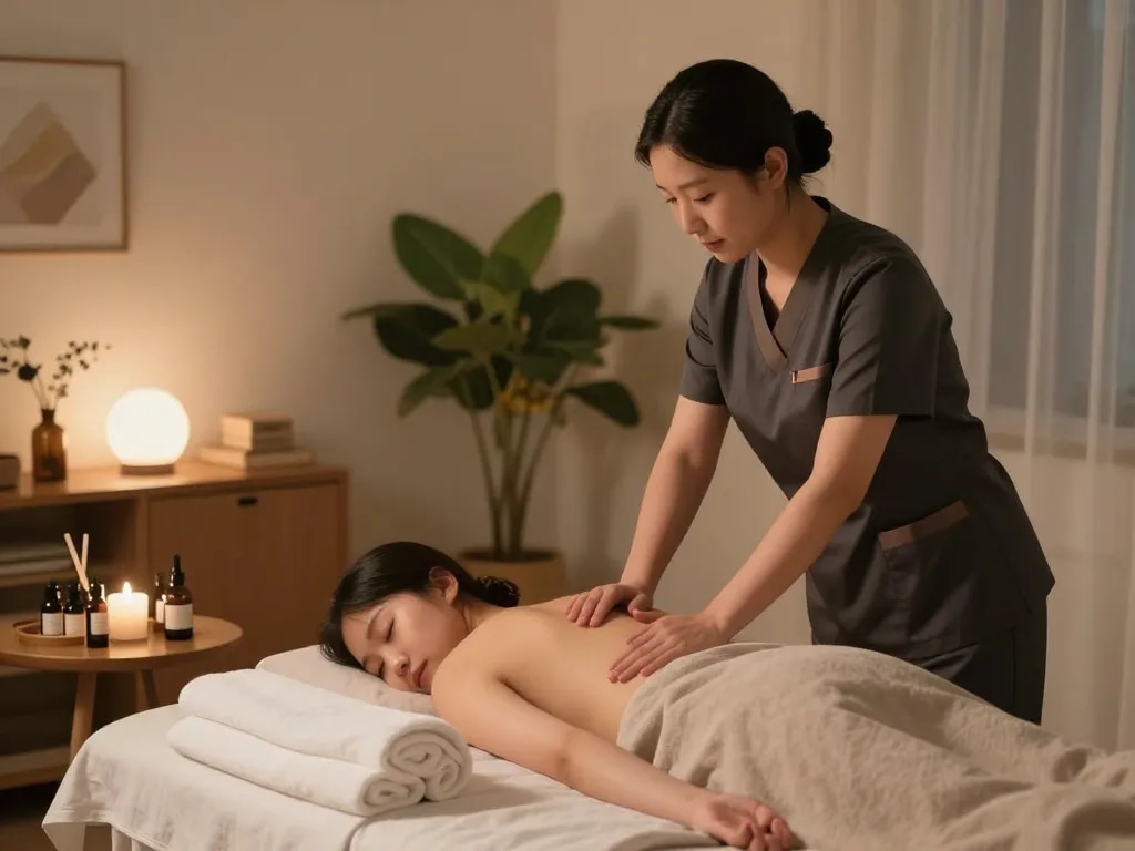 Rejuvenating 부천 출장마사지 setting with professional therapist preparing a cozy home atmosphere.