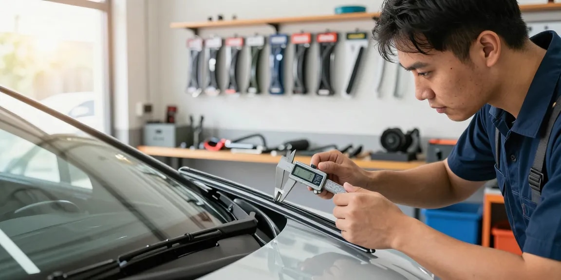 Mechanic examining hybrid wiper blade fit in automotive workshop, ensuring safety and performance.