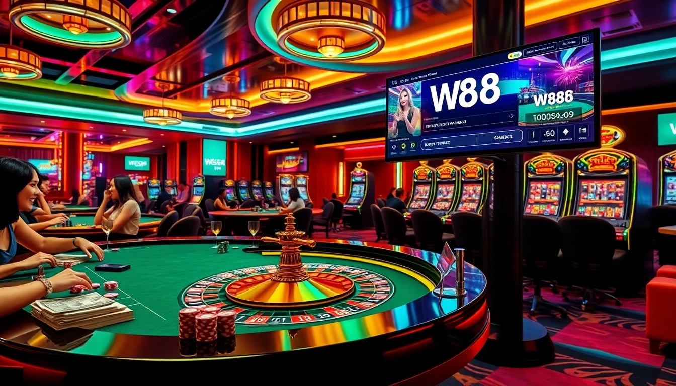 Experience the thrill of betting at W88 link with a vibrant casino atmosphere showcasing roulette and slot machines.