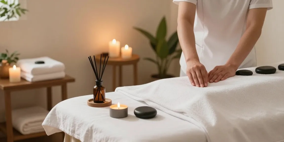 Swedish massage therapy setup with calming atmosphere and essential oils.