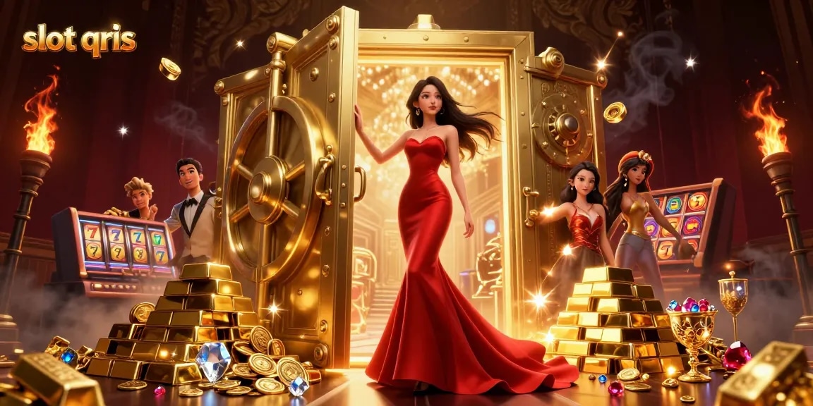 Engaging scene showcasing slot qris where players win big amidst gold and jewels.