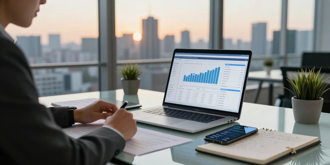 Business professional engaged in financial crime intelligence analysis in a modern office setting.