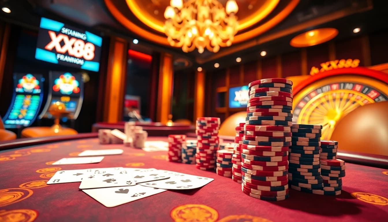 Experience thrilling gameplay at XX88's luxurious casino table with vibrant poker chips and cards.