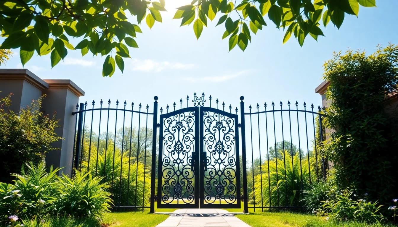Stunning custom steel gates displayed elegantly in a lush garden, showcasing exquisite craftsmanship.