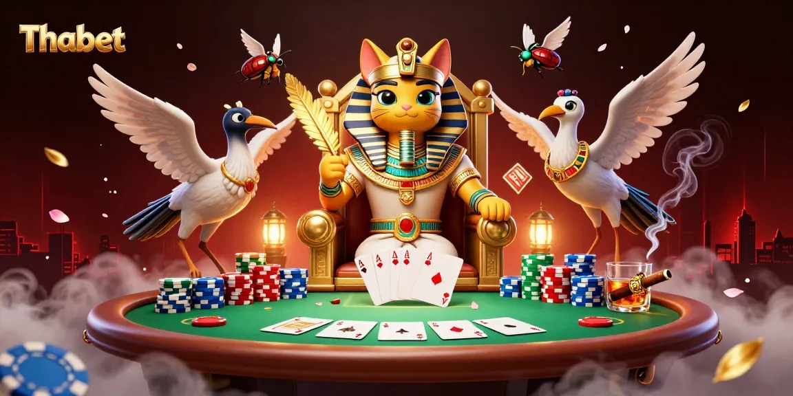 Thabet cat pharaoh strategically deals poker on an elaborate table, surrounded by thrilling game elements.