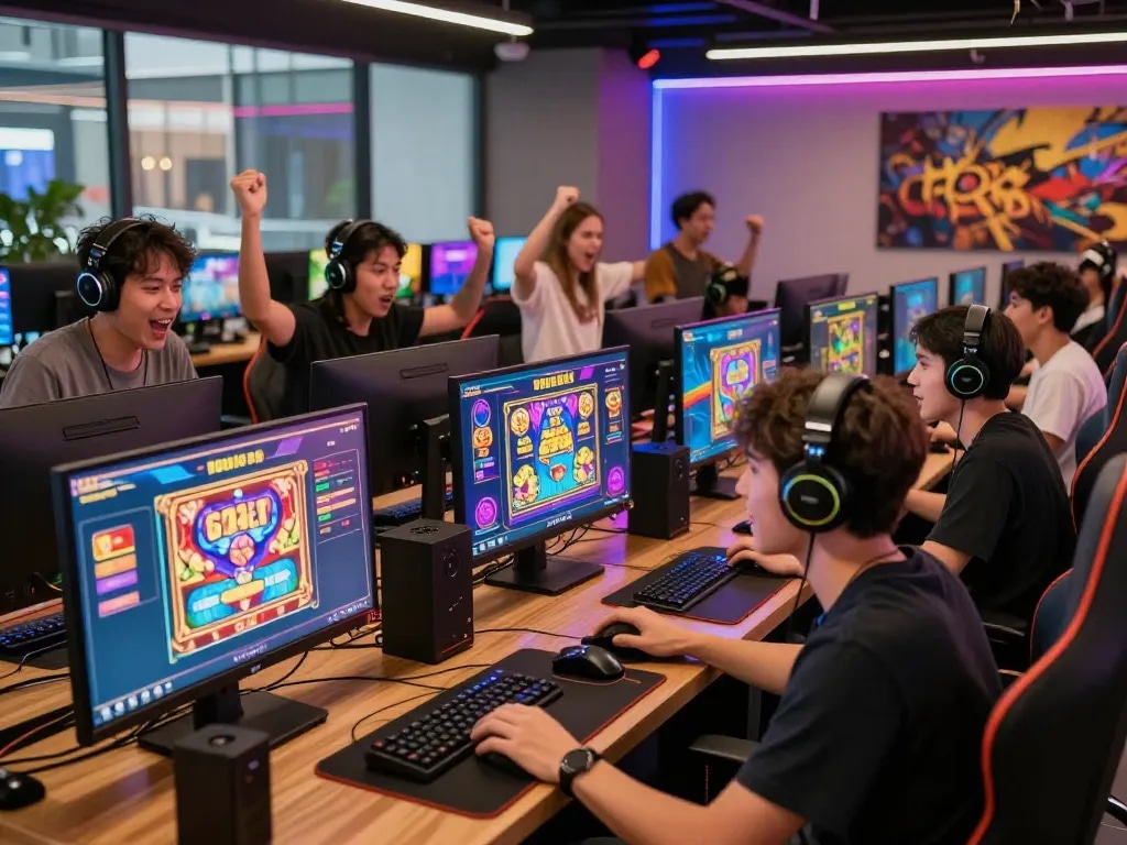 Interactive scene of players engaging with slot gacor gaming on vibrant screens in modern lounge.